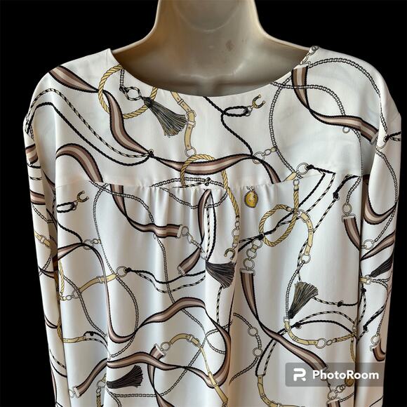 Ann Taylor Tassel Print Shirred Neck Button Front Blouse Womens XL Cream Black - Picture 6 of 10